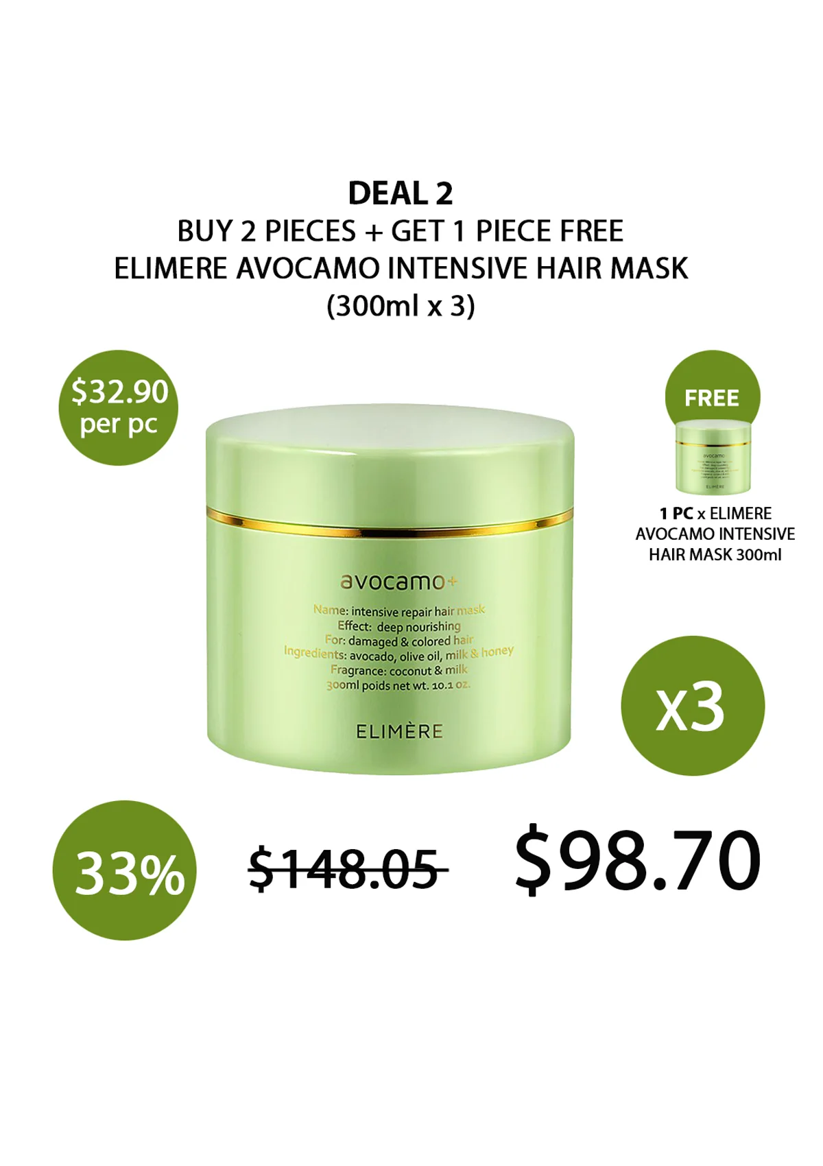 [ELIMERE] Avocamo+ Intensive Repair Hair Mask 300ml - Image 4