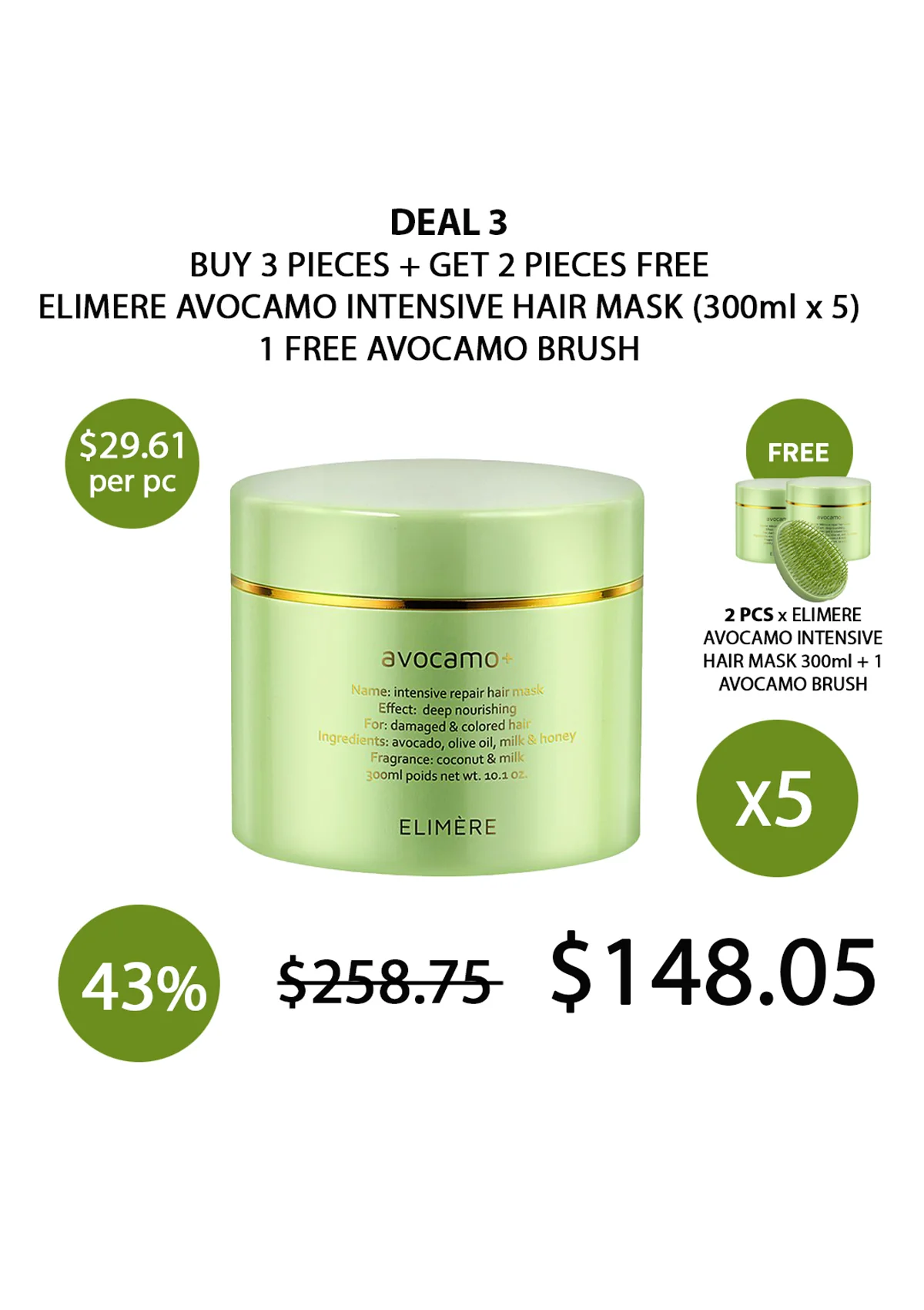 [ELIMERE] Avocamo+ Intensive Repair Hair Mask 300ml - Image 5